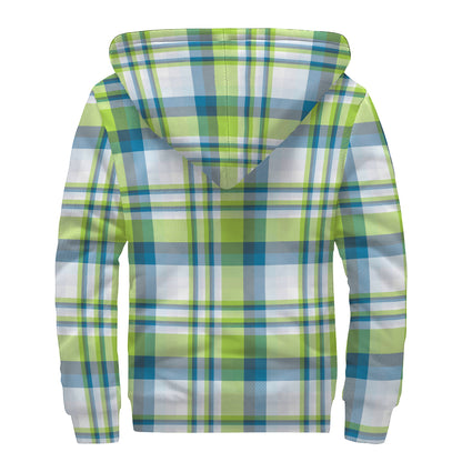 Lime And Blue Madras Plaid Print Sherpa Lined Zip Up Hoodie