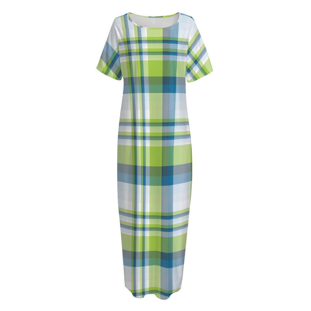 Lime And Blue Madras Plaid Print Short Sleeve Long Nightdress