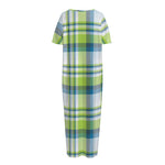 Lime And Blue Madras Plaid Print Short Sleeve Long Nightdress