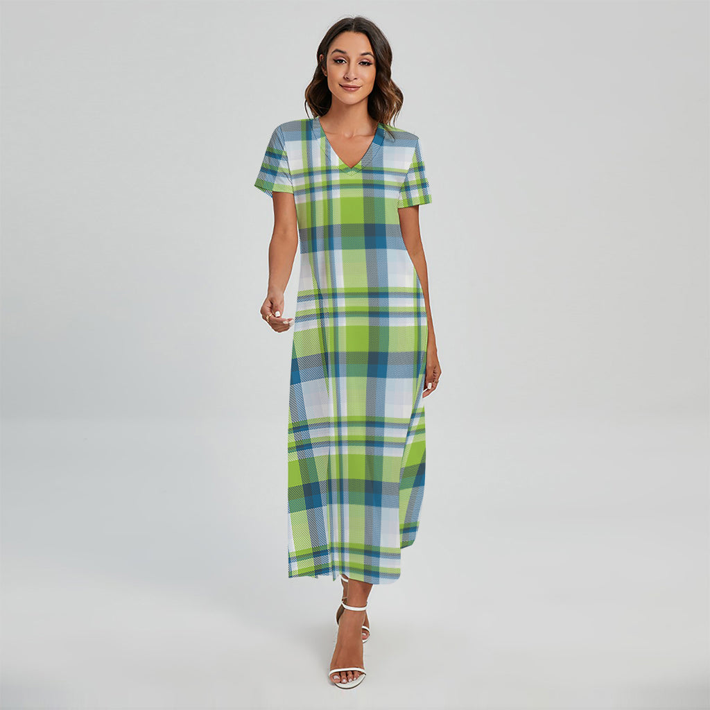 Lime And Blue Madras Plaid Print Short Sleeve Maxi Dress