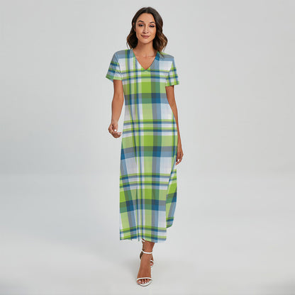 Lime And Blue Madras Plaid Print Short Sleeve Maxi Dress