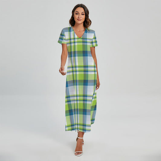 Lime And Blue Madras Plaid Print Short Sleeve Maxi Dress