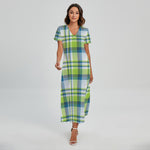 Lime And Blue Madras Plaid Print Short Sleeve Maxi Dress