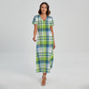 Lime And Blue Madras Plaid Print Short Sleeve Maxi Dress