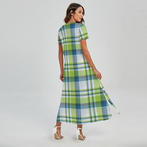 Lime And Blue Madras Plaid Print Short Sleeve Maxi Dress