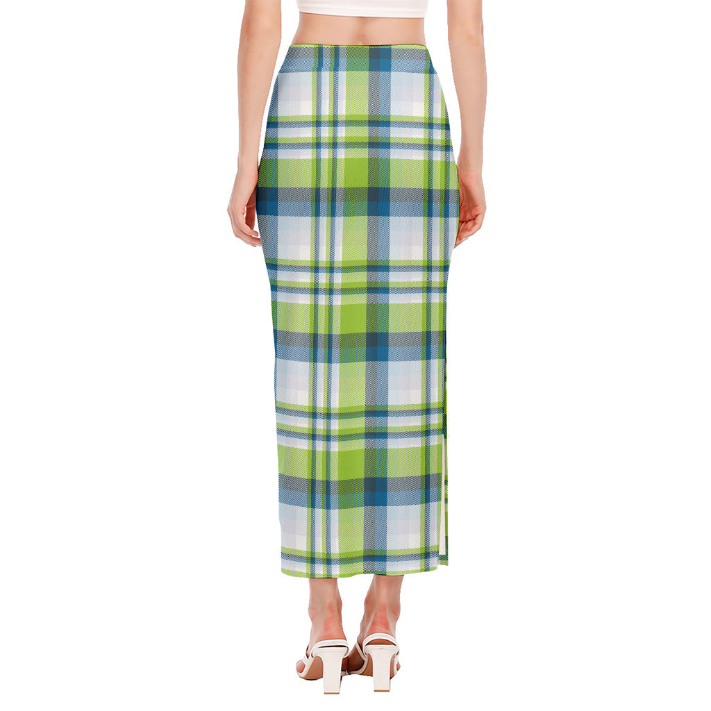 Lime And Blue Madras Plaid Print Side Slit Maxi Skirt