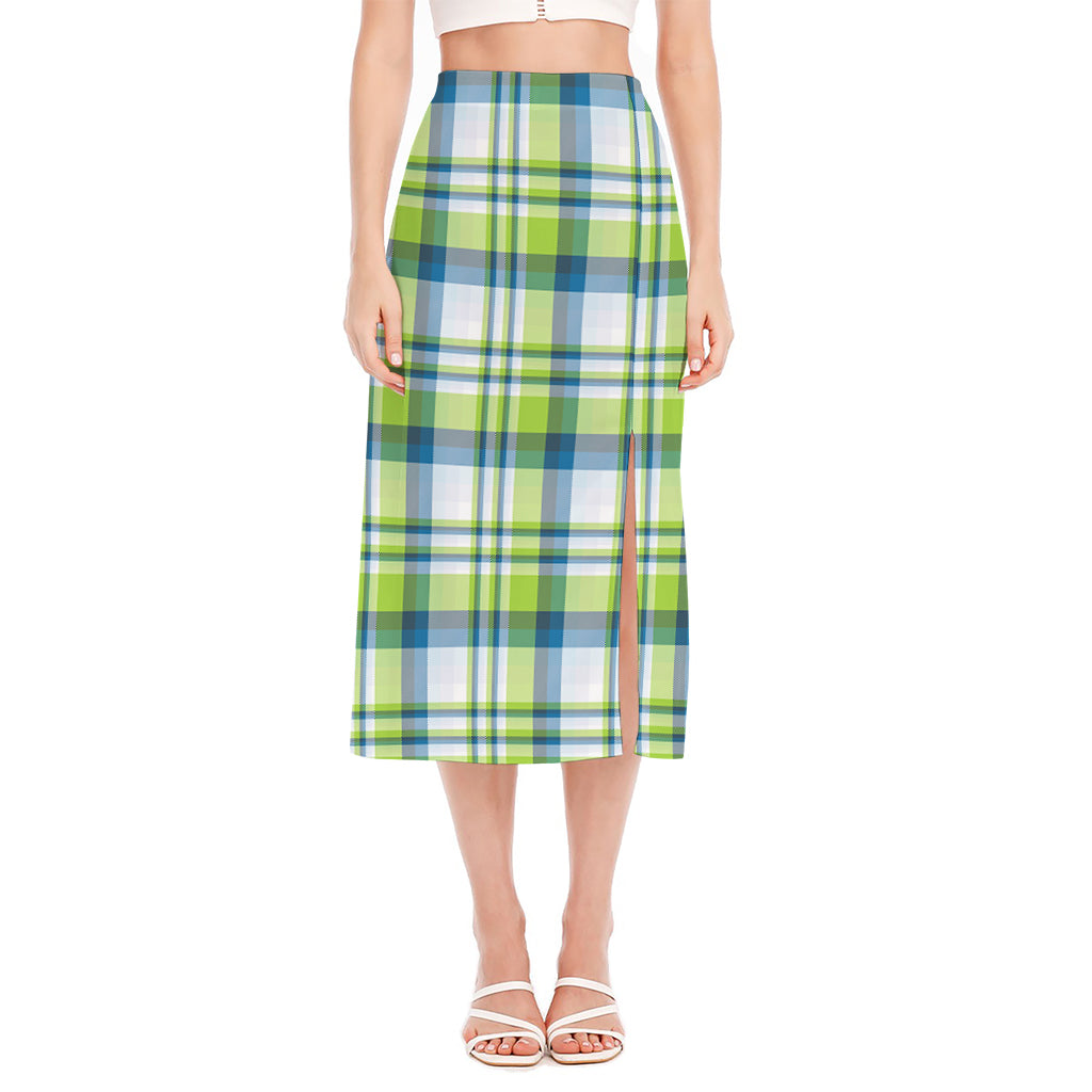 Lime And Blue Madras Plaid Print Side Slit Midi Skirt