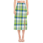 Lime And Blue Madras Plaid Print Side Slit Midi Skirt