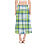 Lime And Blue Madras Plaid Print Side Slit Midi Skirt