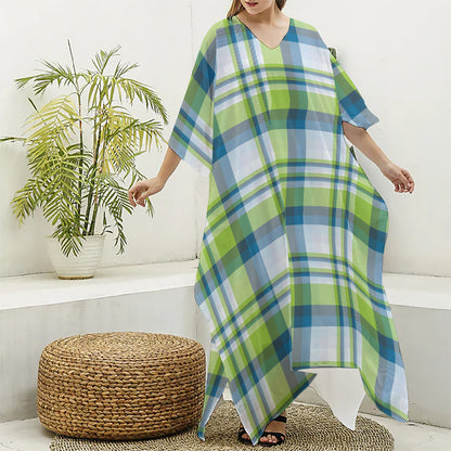 Lime And Blue Madras Plaid Print Silk V-Neck Kaftan Dress