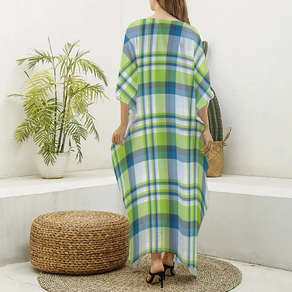 Lime And Blue Madras Plaid Print Silk V-Neck Kaftan Dress