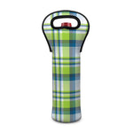 Lime And Blue Madras Plaid Print Single Neoprene Wine Tote