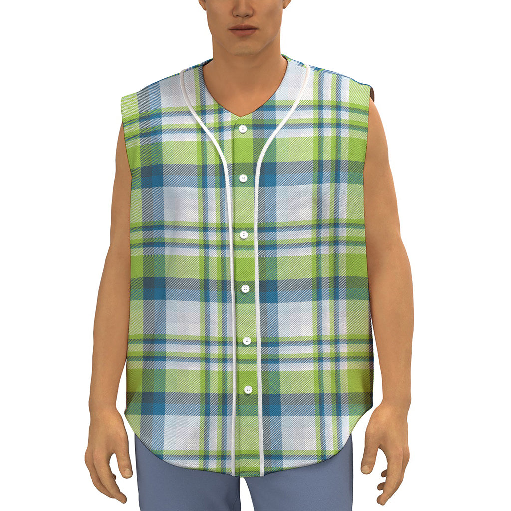 Lime And Blue Madras Plaid Print Sleeveless Baseball Jersey