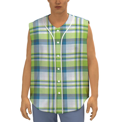 Lime And Blue Madras Plaid Print Sleeveless Baseball Jersey
