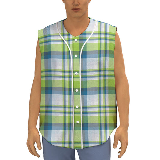 Lime And Blue Madras Plaid Print Sleeveless Baseball Jersey