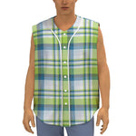 Lime And Blue Madras Plaid Print Sleeveless Baseball Jersey