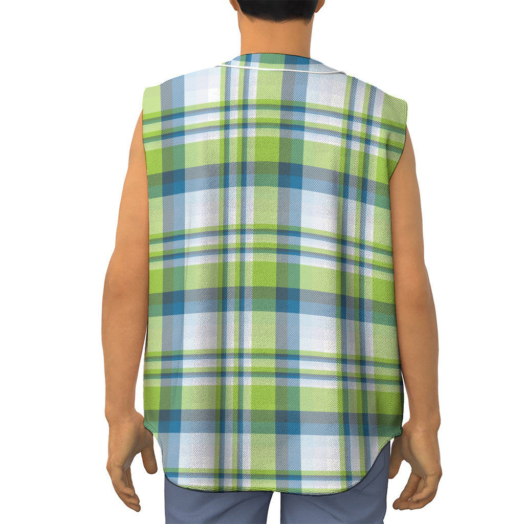 Lime And Blue Madras Plaid Print Sleeveless Baseball Jersey