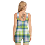 Lime And Blue Madras Plaid Print Sleeveless One Piece Swimsuit