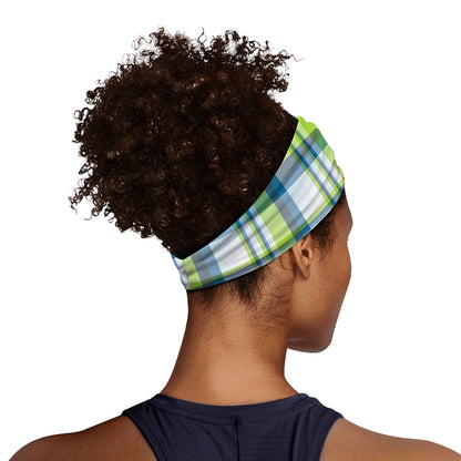 Lime And Blue Madras Plaid Print Sports Headband