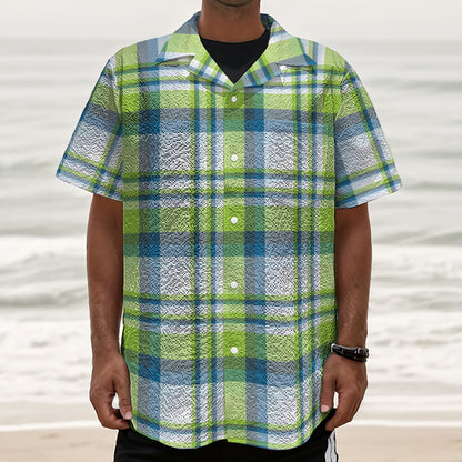 Lime And Blue Madras Plaid Print Textured Short Sleeve Shirt