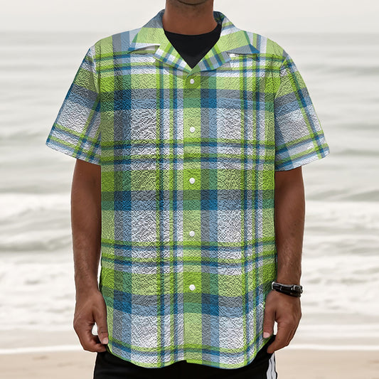 Lime And Blue Madras Plaid Print Textured Short Sleeve Shirt