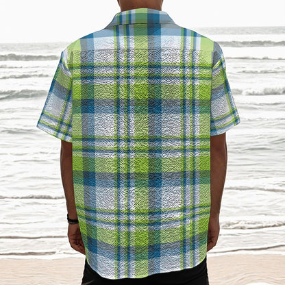 Lime And Blue Madras Plaid Print Textured Short Sleeve Shirt