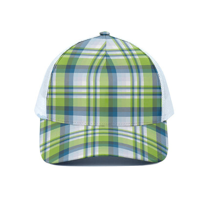 Lime And Blue Madras Plaid Print White Mesh Trucker Cap