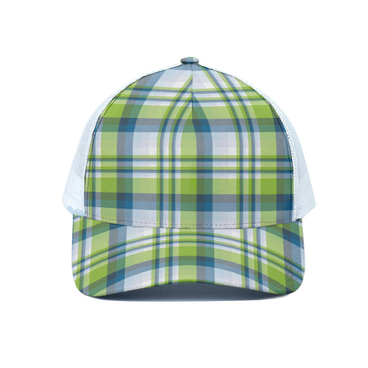 Lime And Blue Madras Plaid Print White Mesh Trucker Cap