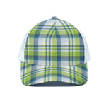 Lime And Blue Madras Plaid Print White Mesh Trucker Cap