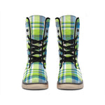 Lime And Blue Madras Plaid Print Winter Boots