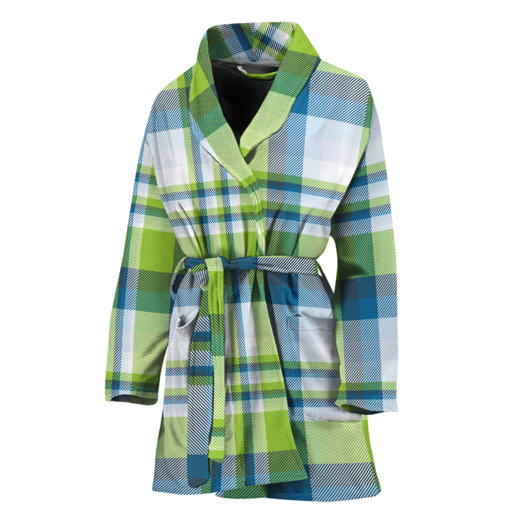 Lime And Blue Madras Plaid Print Women's Bathrobe
