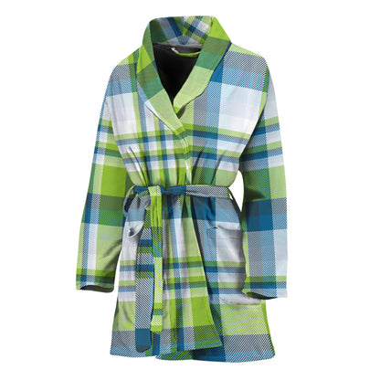 Lime And Blue Madras Plaid Print Women's Bathrobe