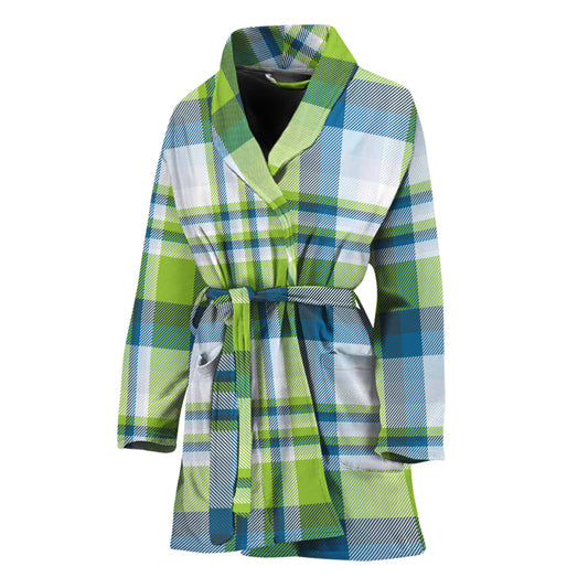 Lime And Blue Madras Plaid Print Women's Bathrobe