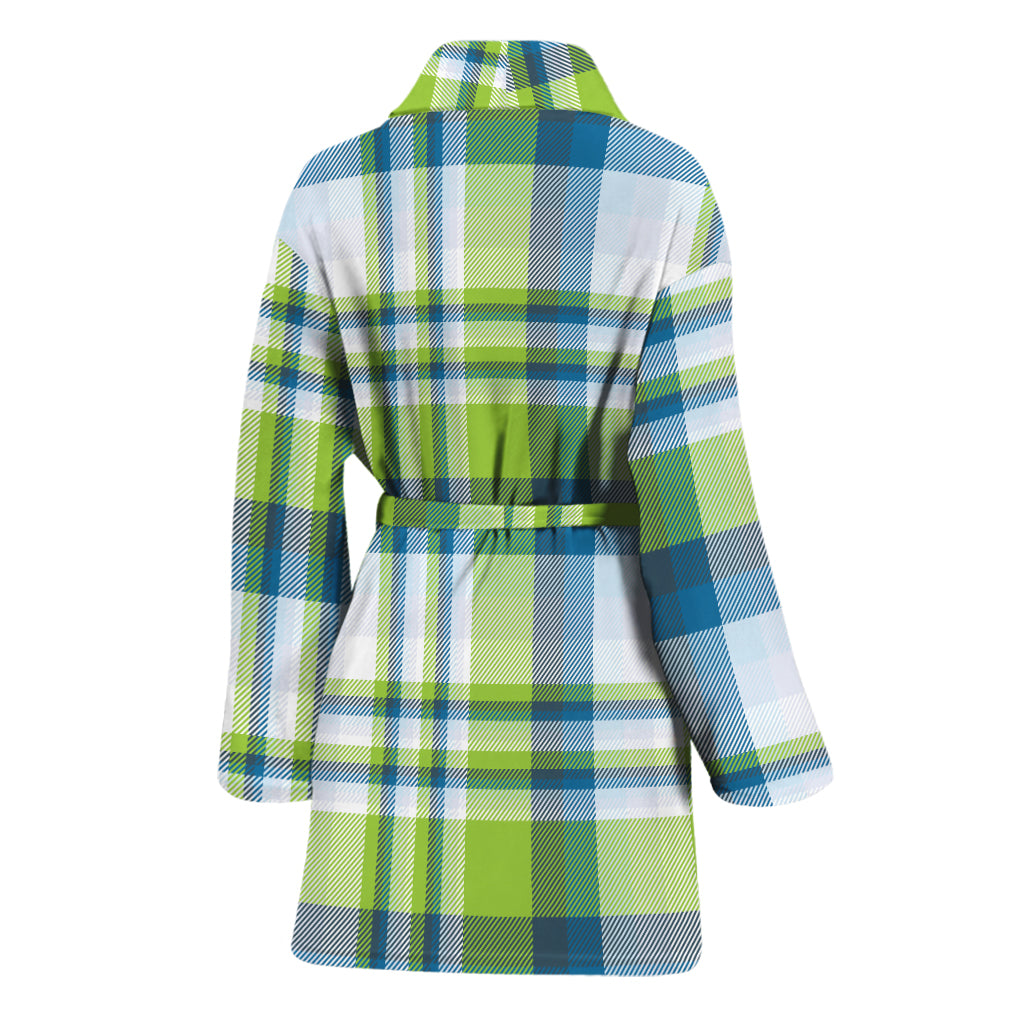 Lime And Blue Madras Plaid Print Women's Bathrobe