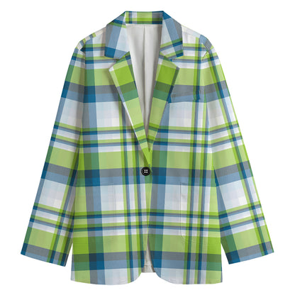 Lime And Blue Madras Plaid Print Women's Blazer