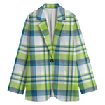 Lime And Blue Madras Plaid Print Women's Blazer