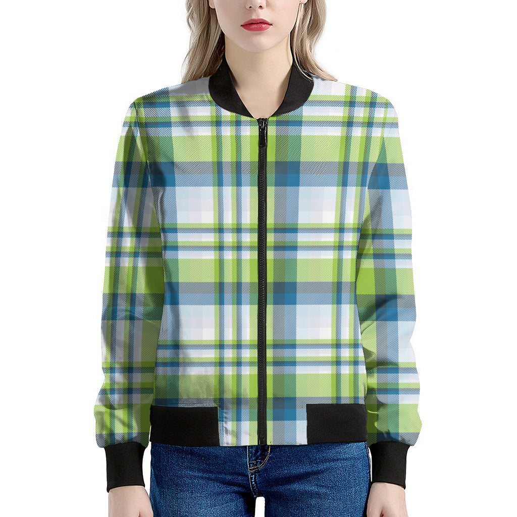 Lime And Blue Madras Plaid Print Women's Bomber Jacket
