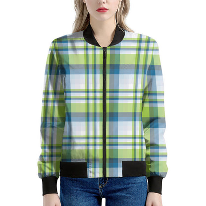 Lime And Blue Madras Plaid Print Women's Bomber Jacket