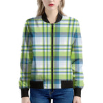 Lime And Blue Madras Plaid Print Women's Bomber Jacket