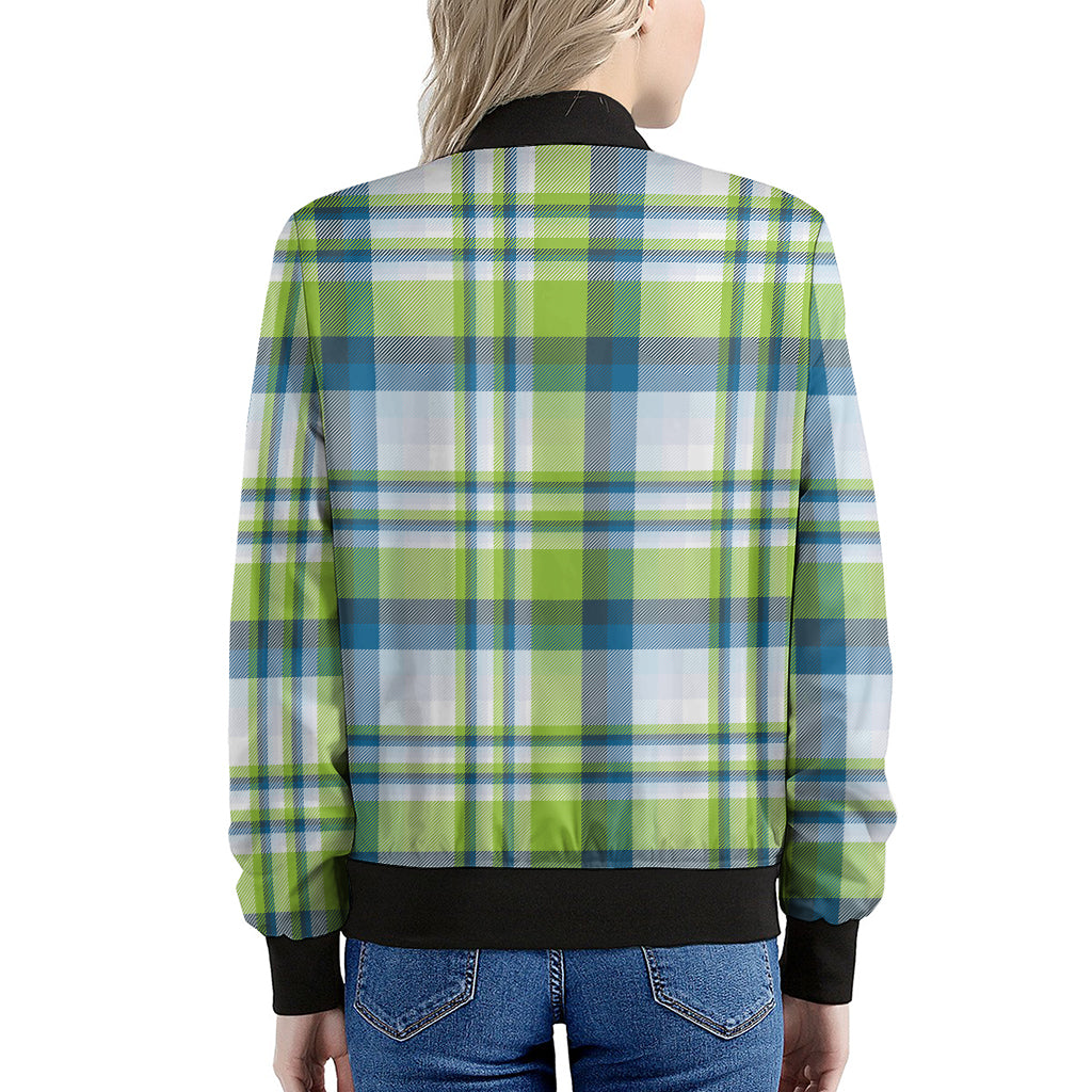 Lime And Blue Madras Plaid Print Women's Bomber Jacket