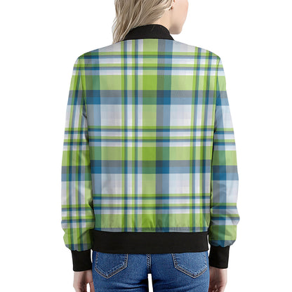 Lime And Blue Madras Plaid Print Women's Bomber Jacket