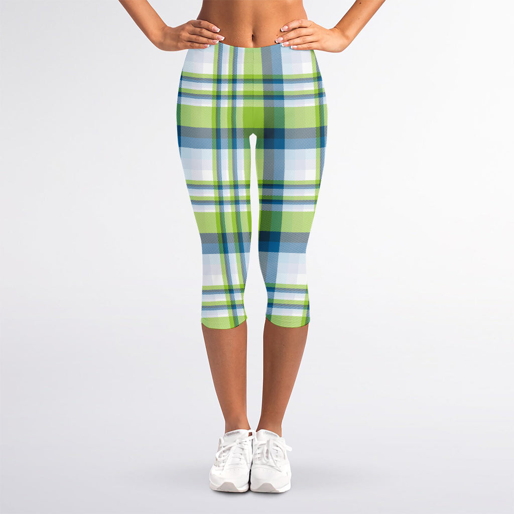 Lime And Blue Madras Plaid Print Women's Capri Leggings