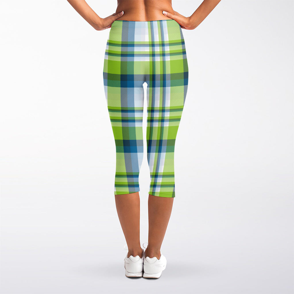 Lime And Blue Madras Plaid Print Women's Capri Leggings