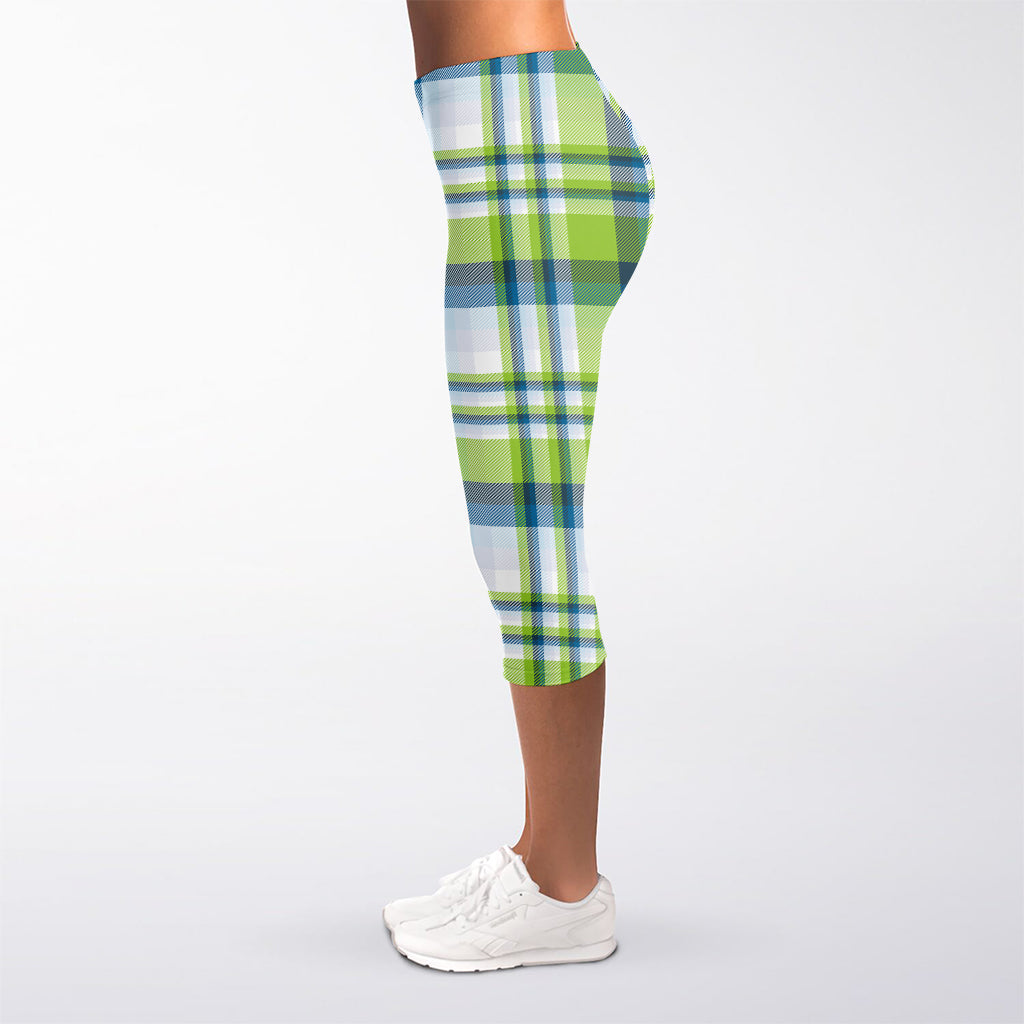 Lime And Blue Madras Plaid Print Women's Capri Leggings