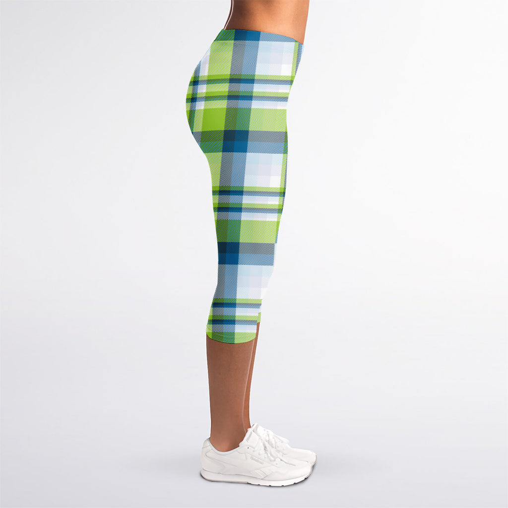 Lime And Blue Madras Plaid Print Women's Capri Leggings