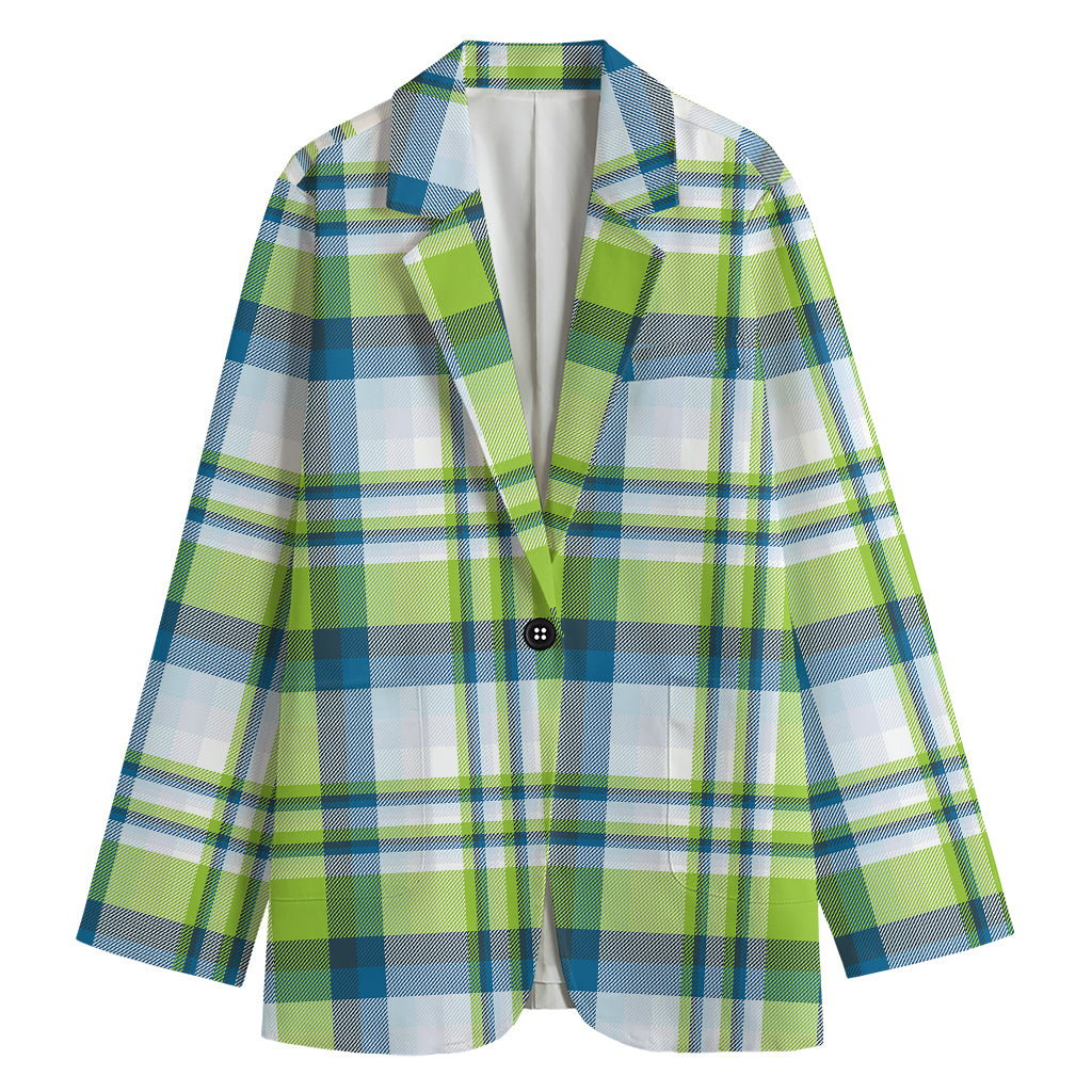 Lime And Blue Madras Plaid Print Women's Cotton Blazer