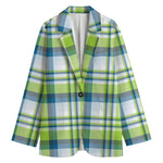 Lime And Blue Madras Plaid Print Women's Cotton Blazer