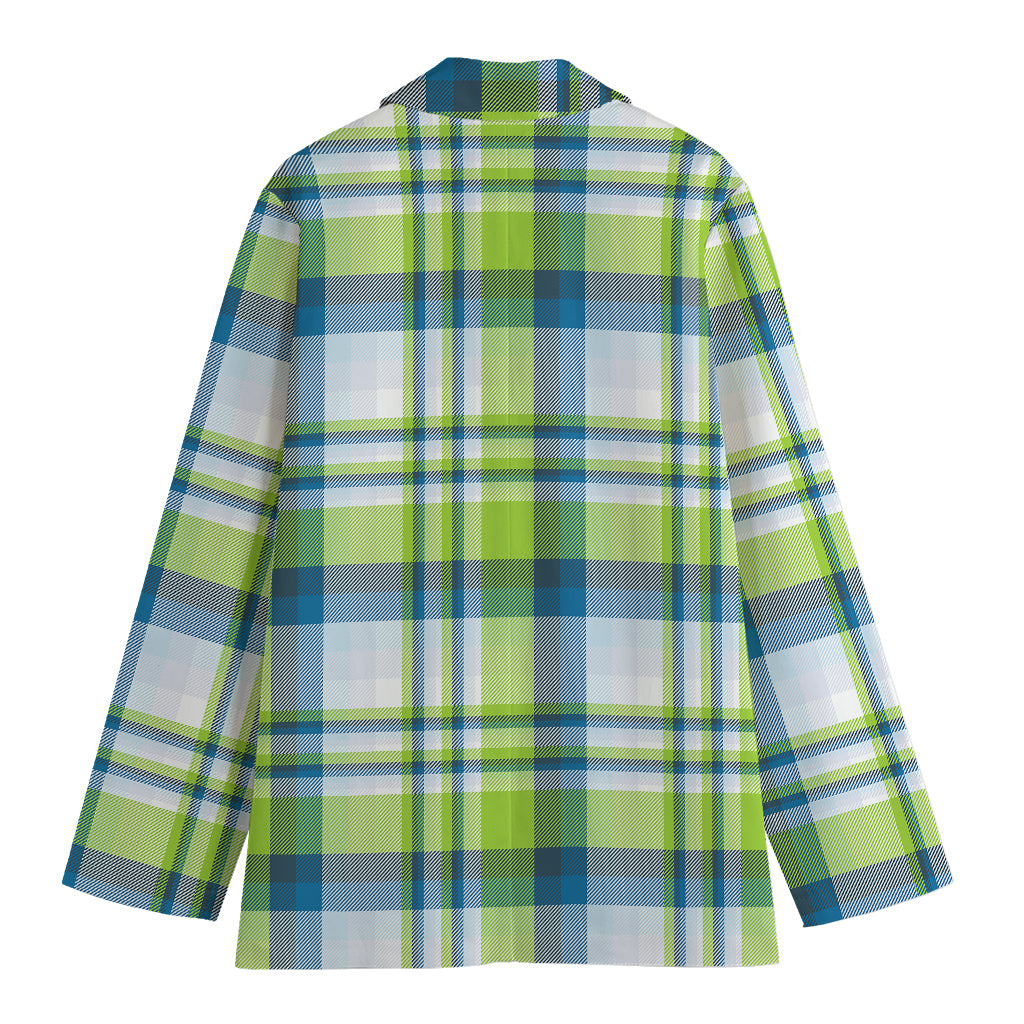 Lime And Blue Madras Plaid Print Women's Cotton Blazer