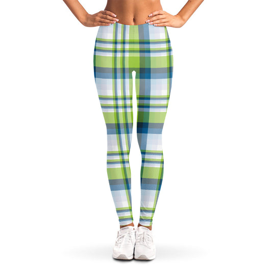 Lime And Blue Madras Plaid Print Women's Leggings