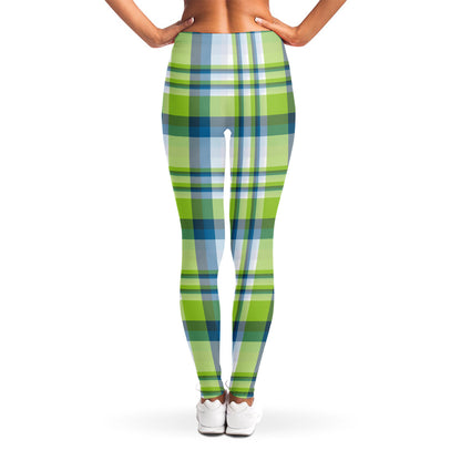 Lime And Blue Madras Plaid Print Women's Leggings